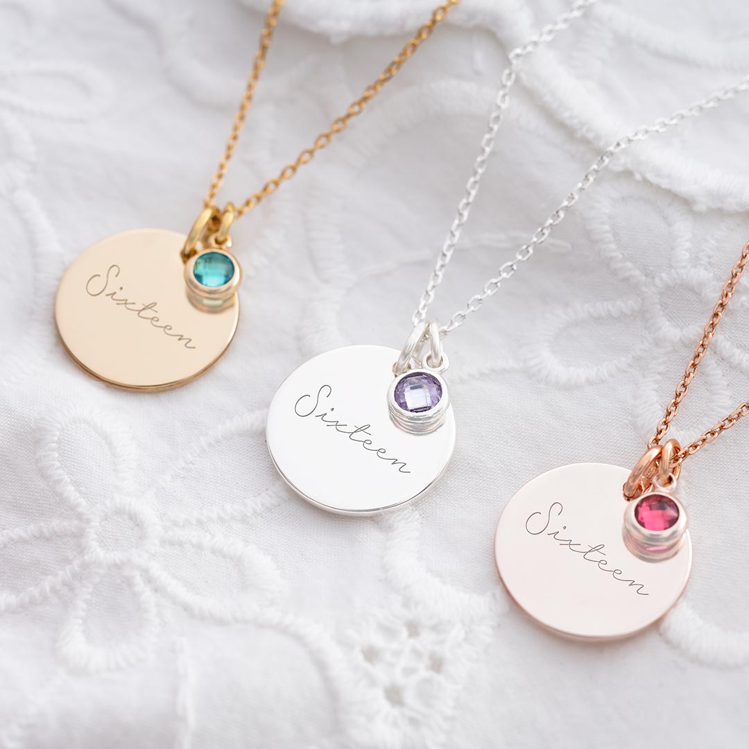 16th Birthday Disc And Birthstone Personalised Name Necklace