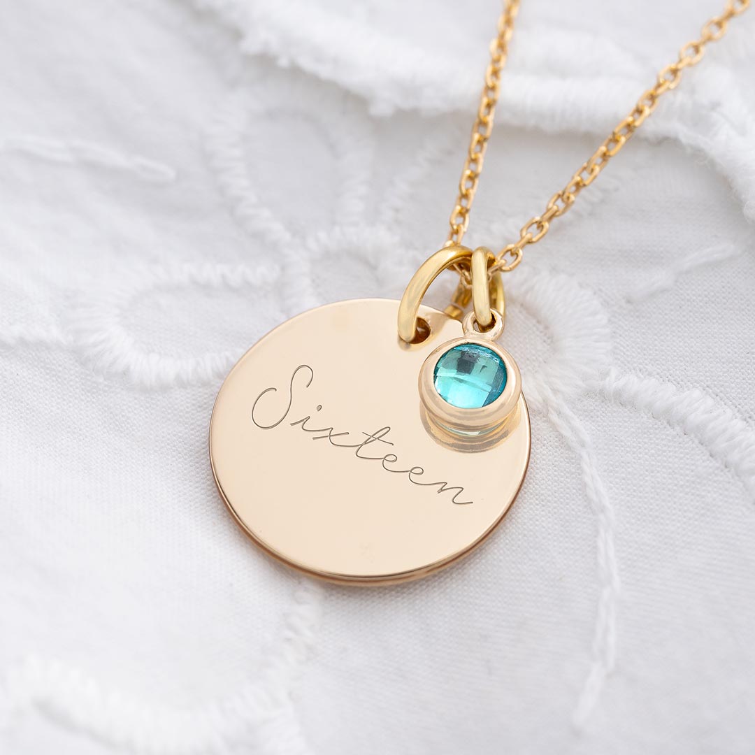 Birthday Disc And Birthstone Personalised Name Necklace