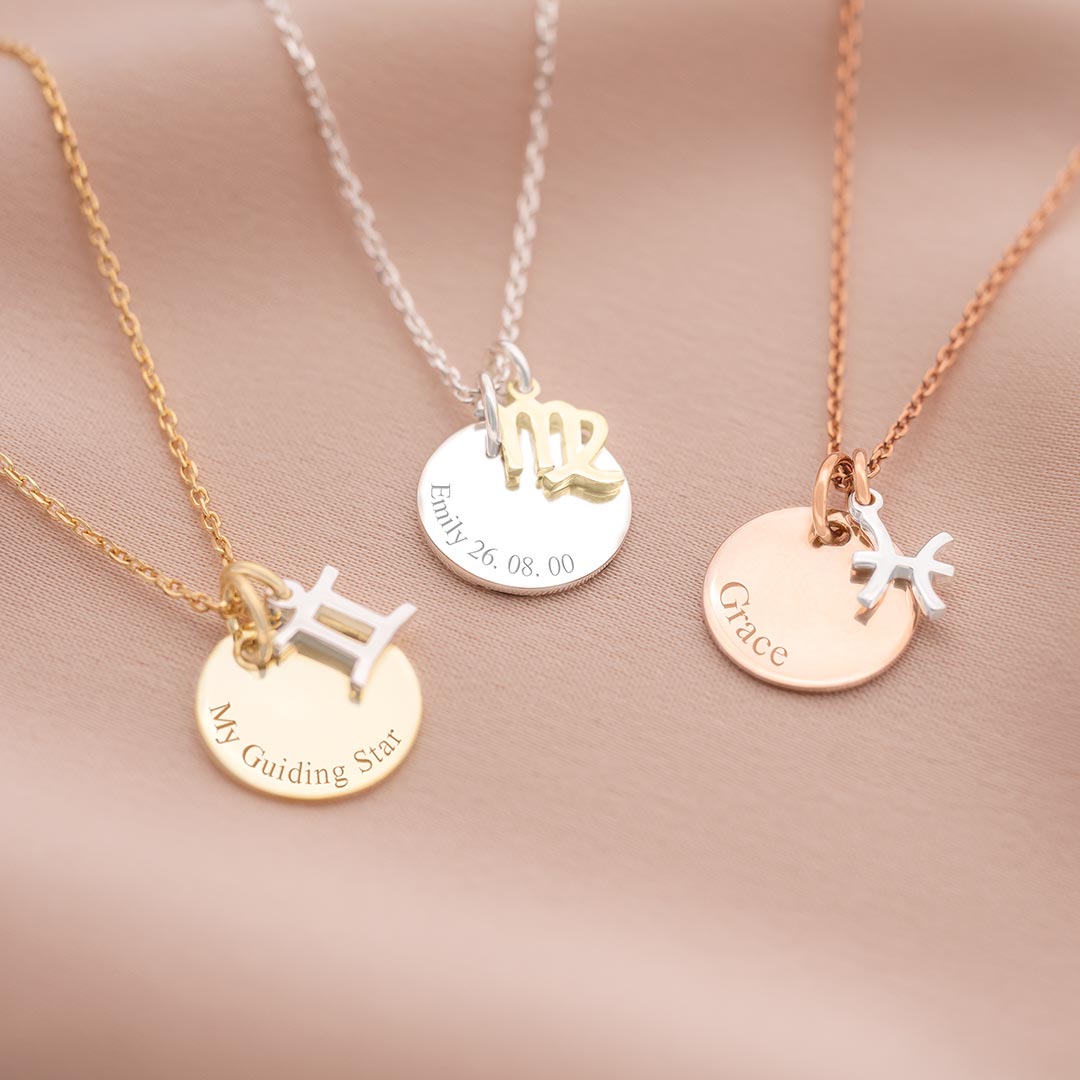 personalised sterling silver chain and disc with gold plated sterling silver zodiac charm 
