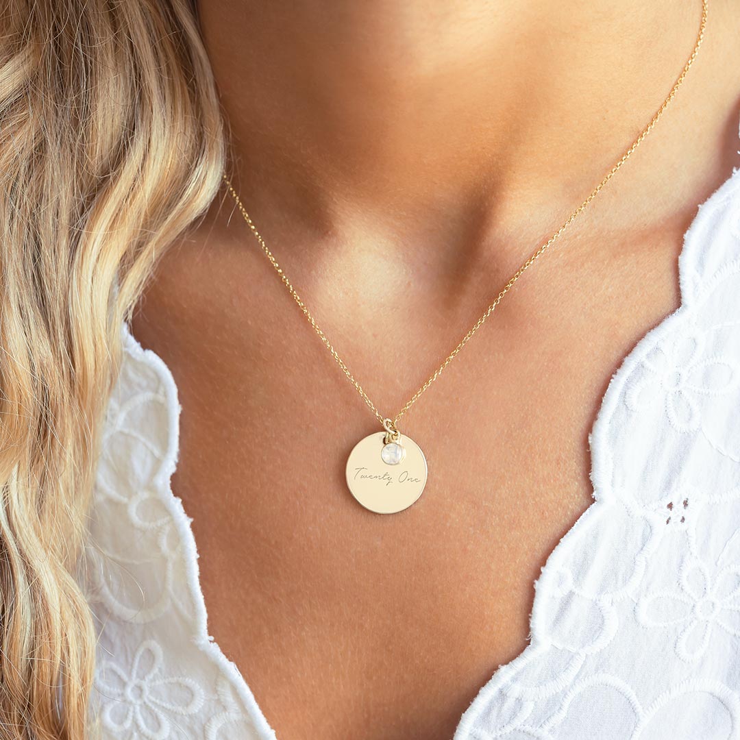 gold plated sterling silver 21st birthday disc and birthstone name necklace
