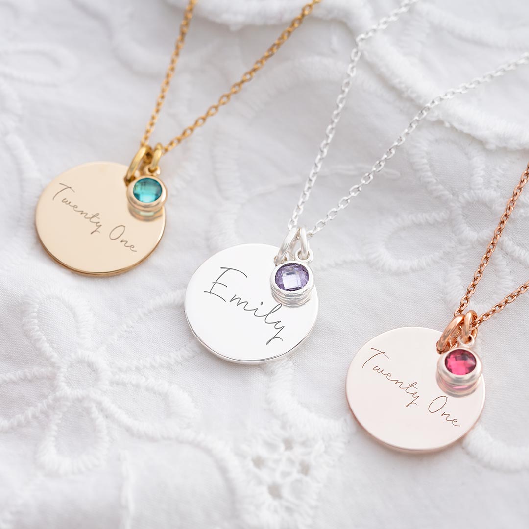 birthday disc name necklace in sterling silver, gold plated sterling silver and rose gold plated sterling silver