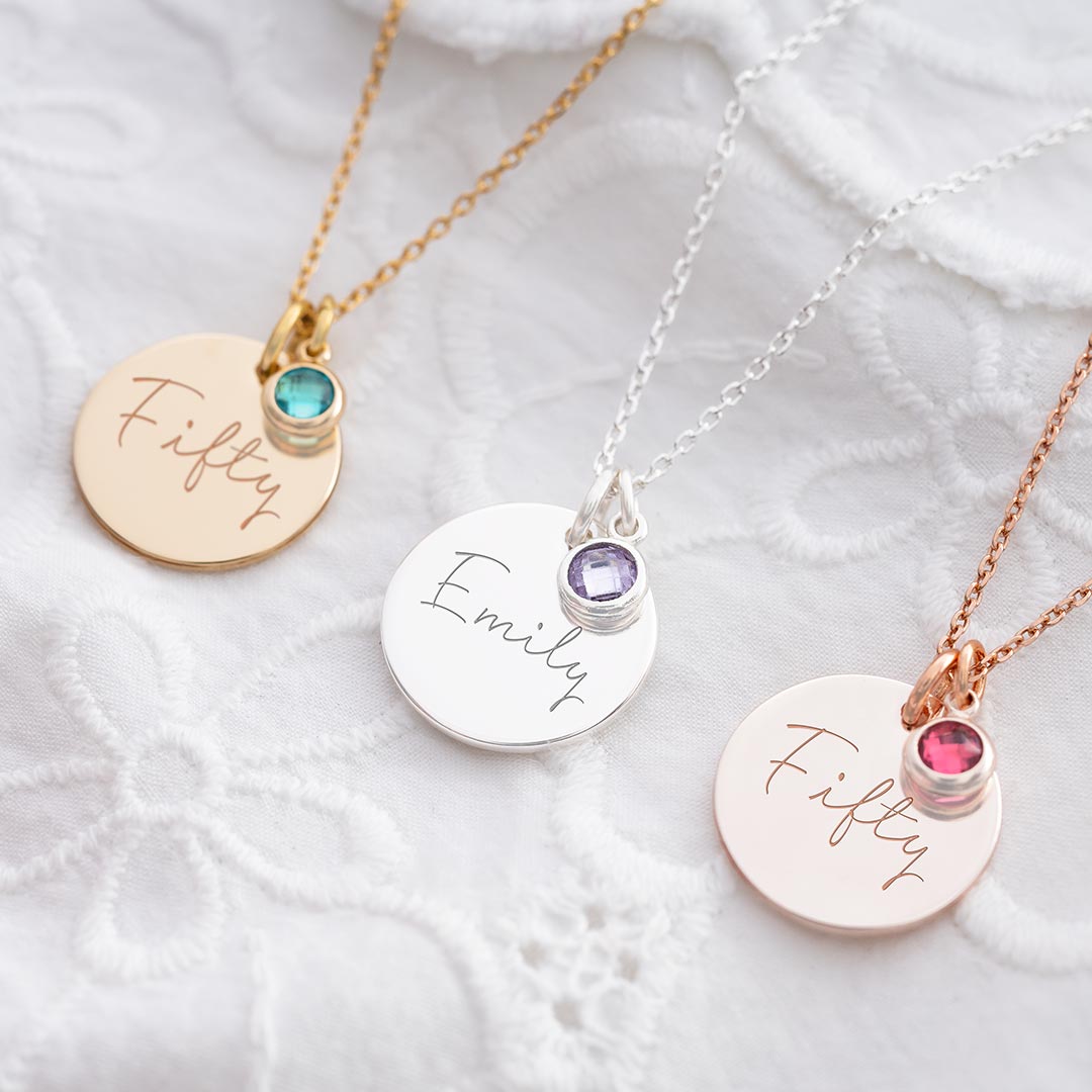 50th Birthday Disc And Birthstone Personalised Name Necklace in gold, silver and rose gold