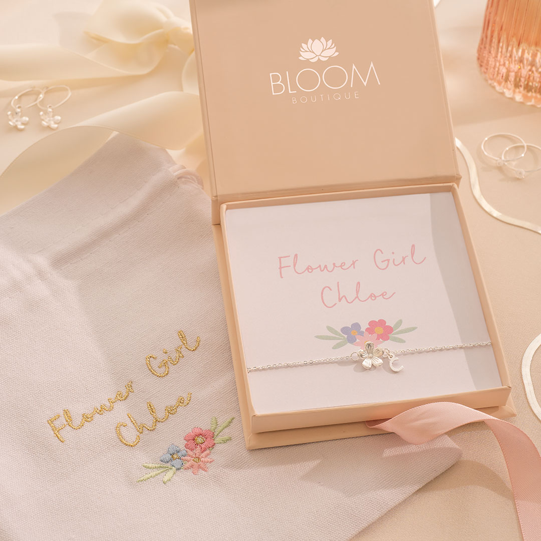 Flower Charm and Mini Letter Personalised Slider Bracelet Flower Girl Gift Set