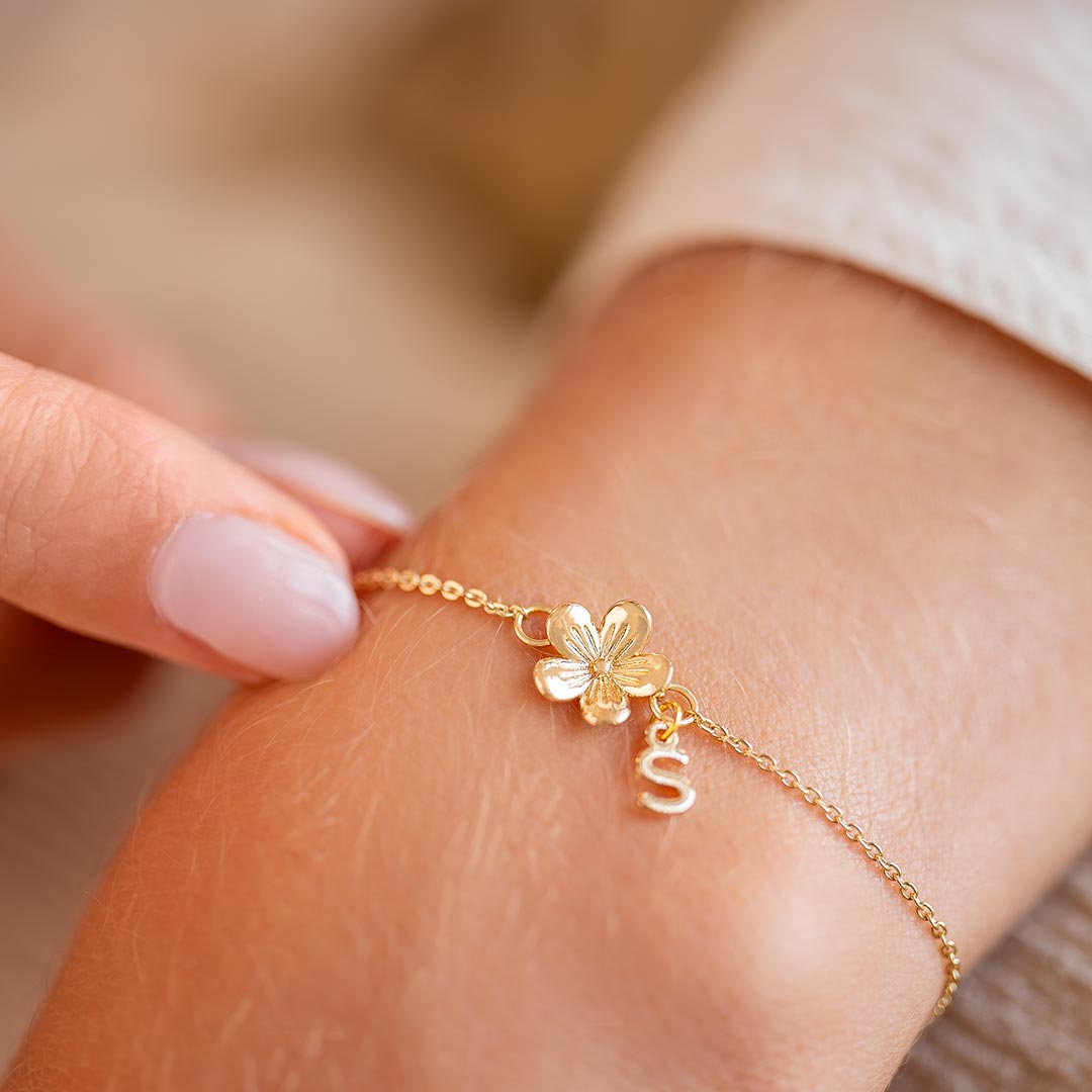 Gold Flower Charm and Mini Letter Personalised Slider Bracelet with S Initial Charm