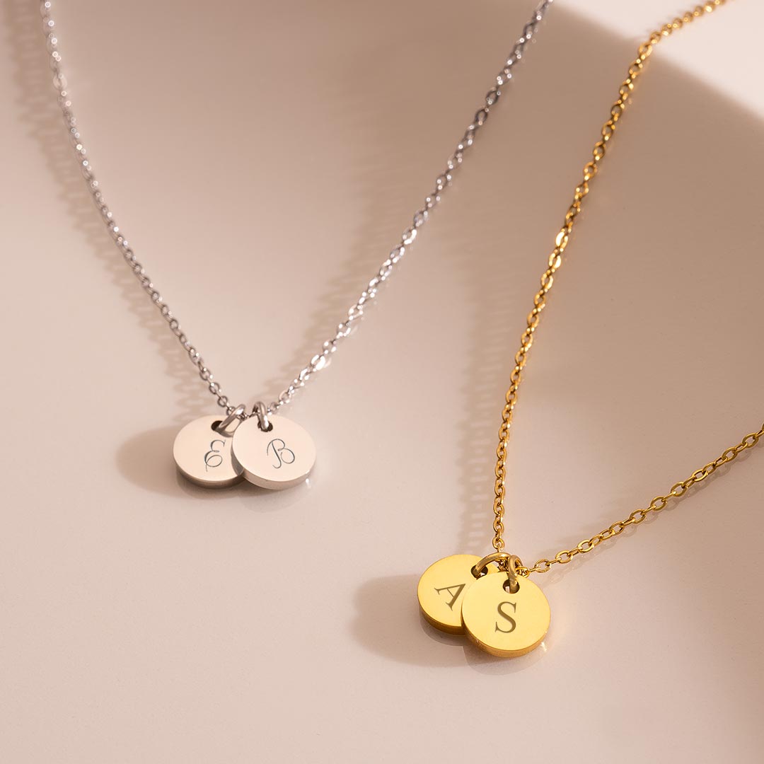 double initial disc necklace available in silver and gold