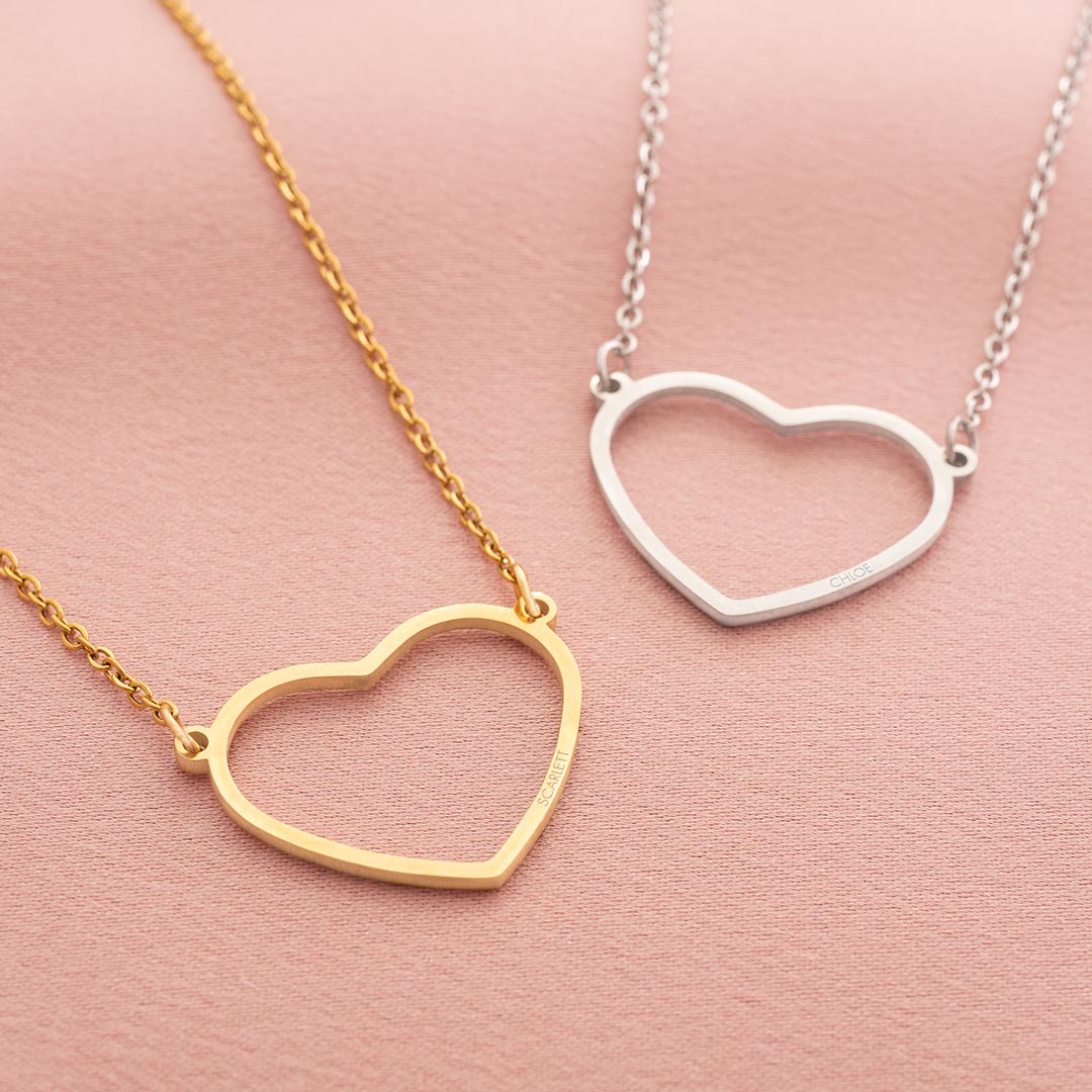 asta skinny open heart necklace available in silver and gold colourways