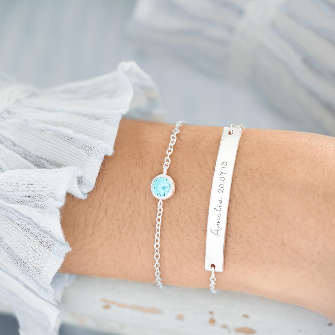 silver plated birthstone bracelet and bar bracelet engraved with an italic script message