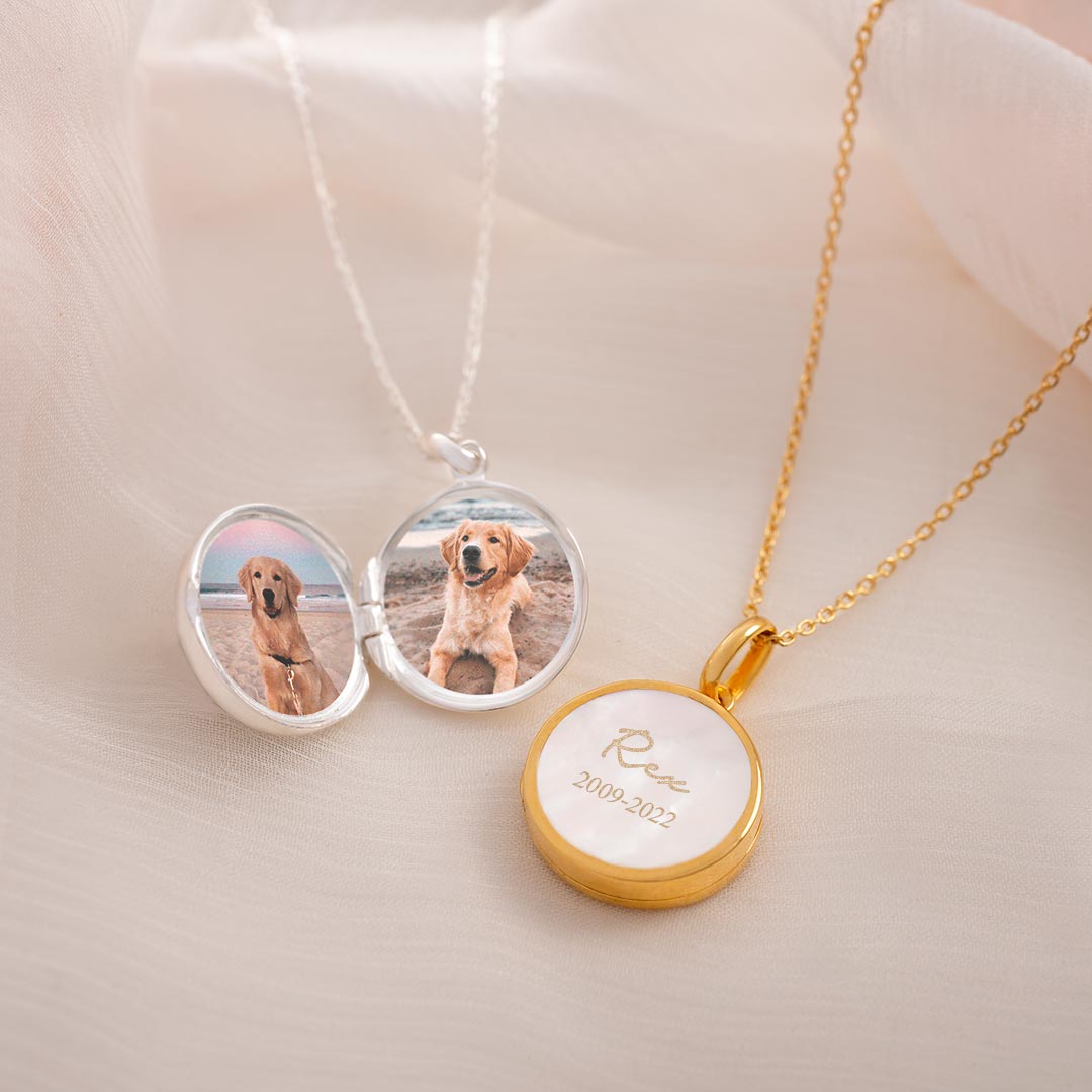 Mother of Pearl Name and Date Memorial Locket available in sterling silver and gold plated sterling silver