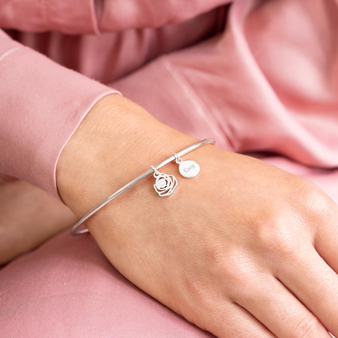 Silver Plated Birth Flower and Disc Personalised Bangle