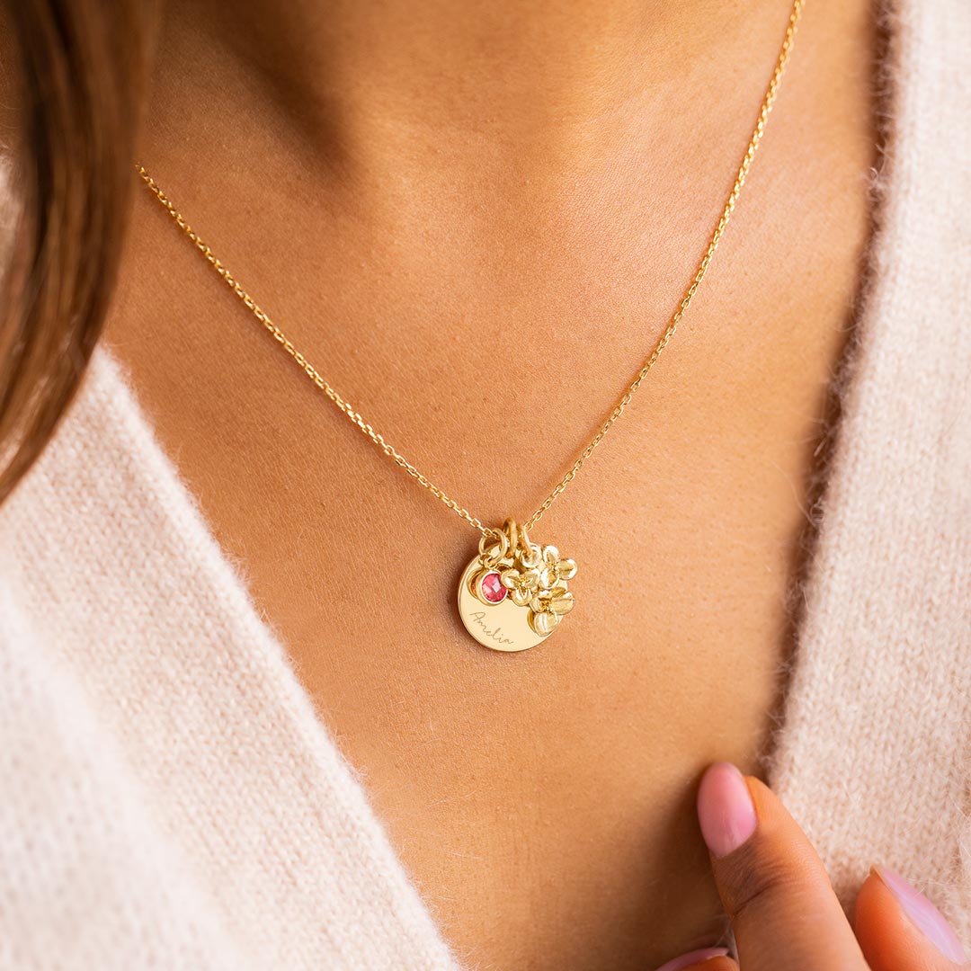 Birth Flower Charm and Disc Personalised Name Necklace