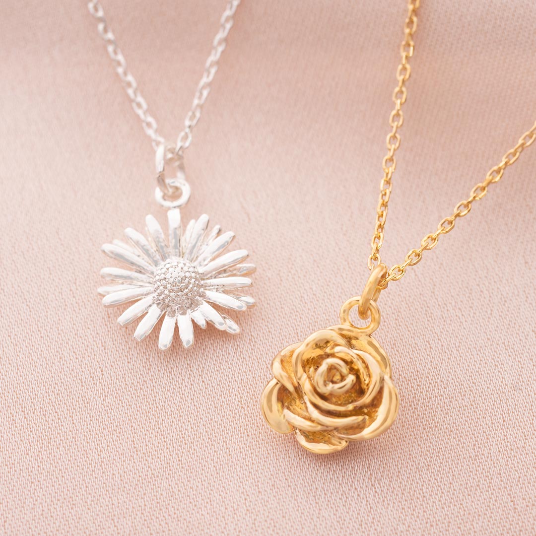 birth flower pendant necklace available in silver and champagne gold