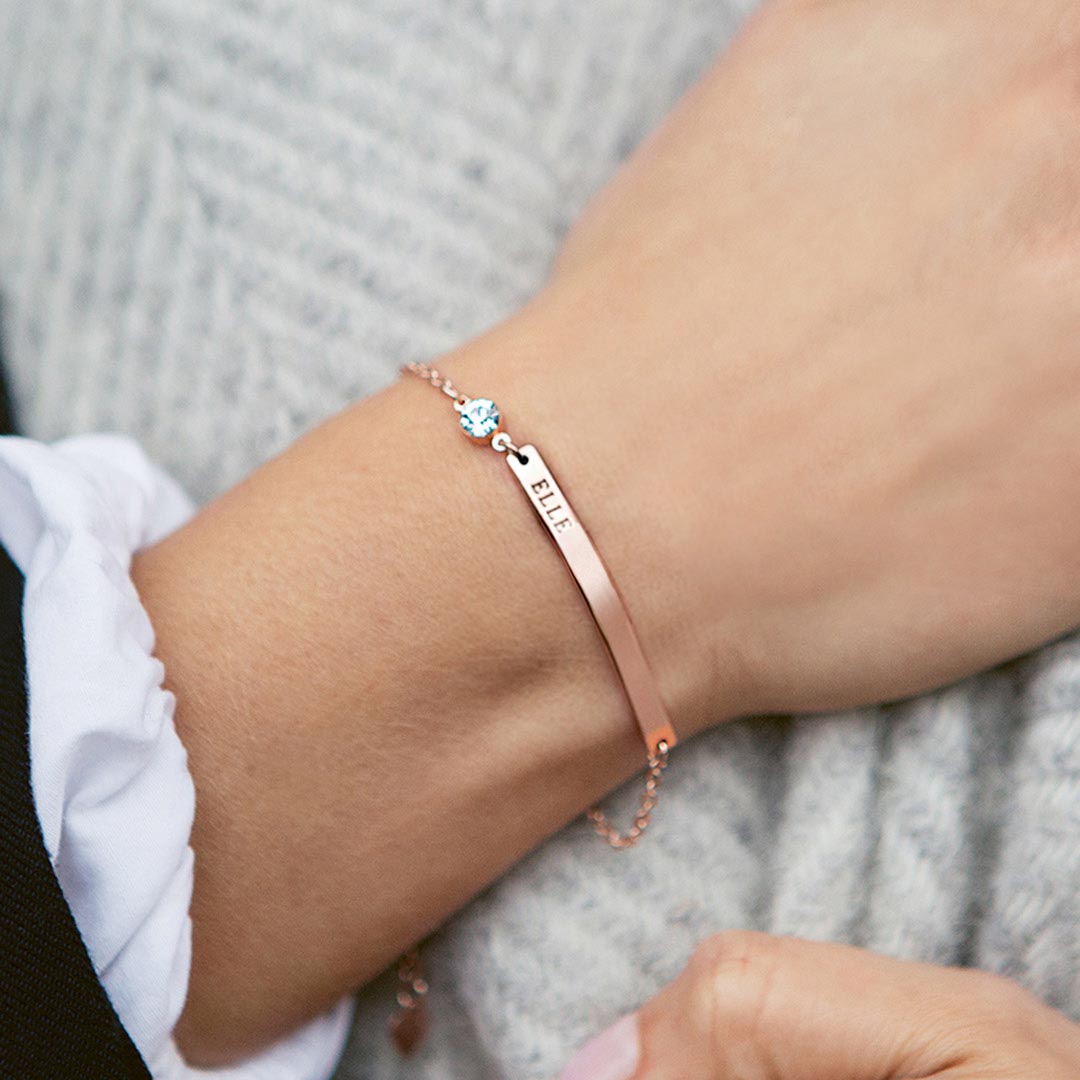 Birthstone and Bar Personalised Bracelet in Rose Gold with Aquamarine Birthstone