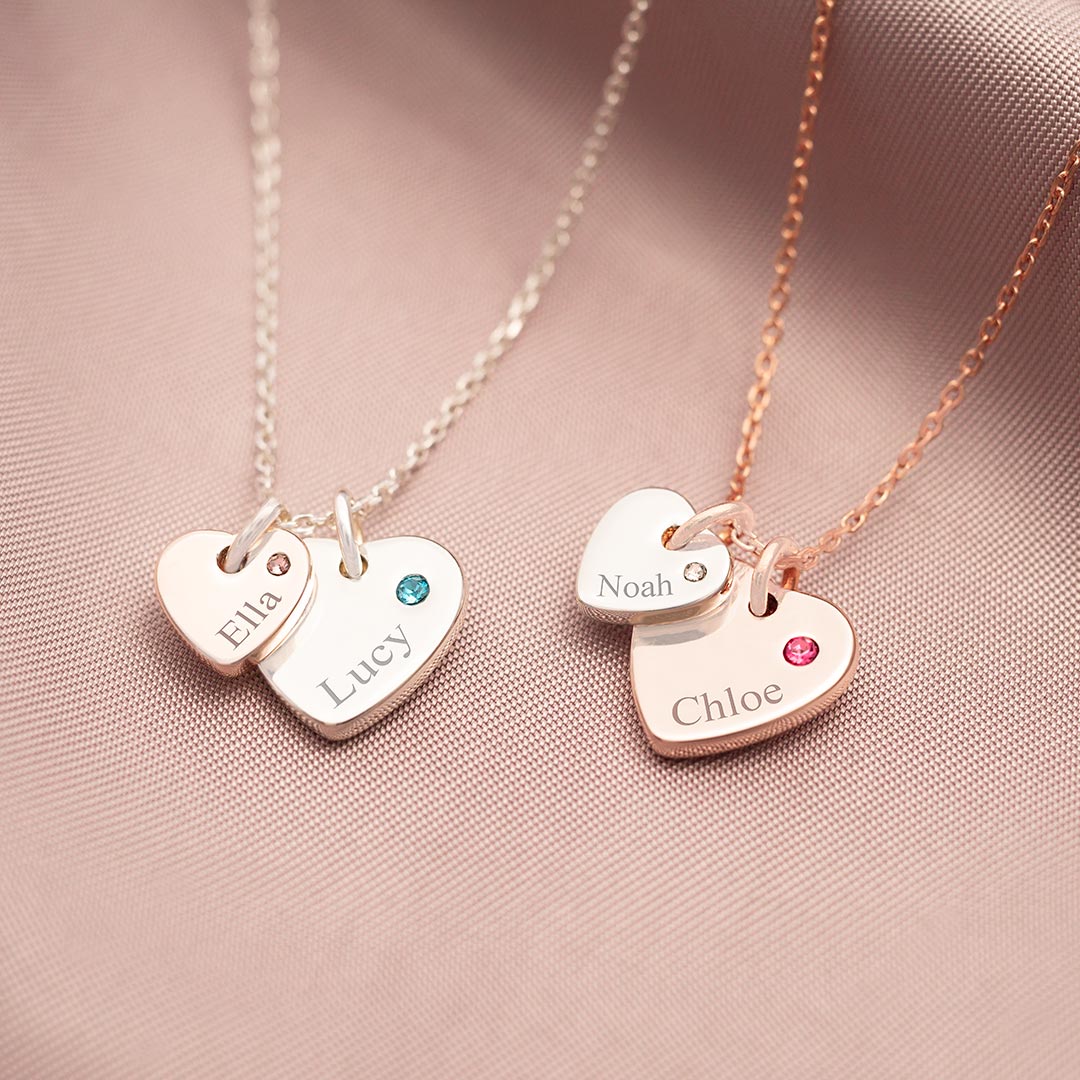Couples Birthstone Heart Personalised Name Necklace in Silver and Rose Gold