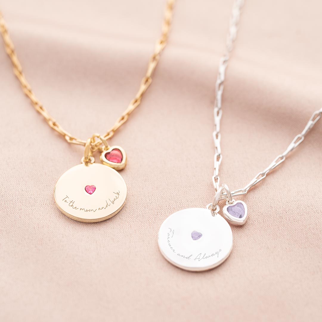 crystal heart birthstone disc necklace available in champagne gold and silver