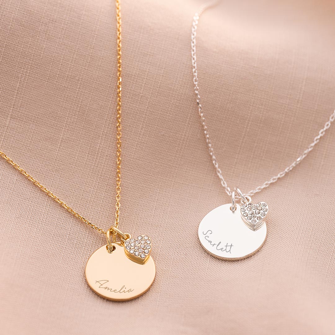 silver plated and champagne gold plated disc and crystal heart necklace personalised with engraved names