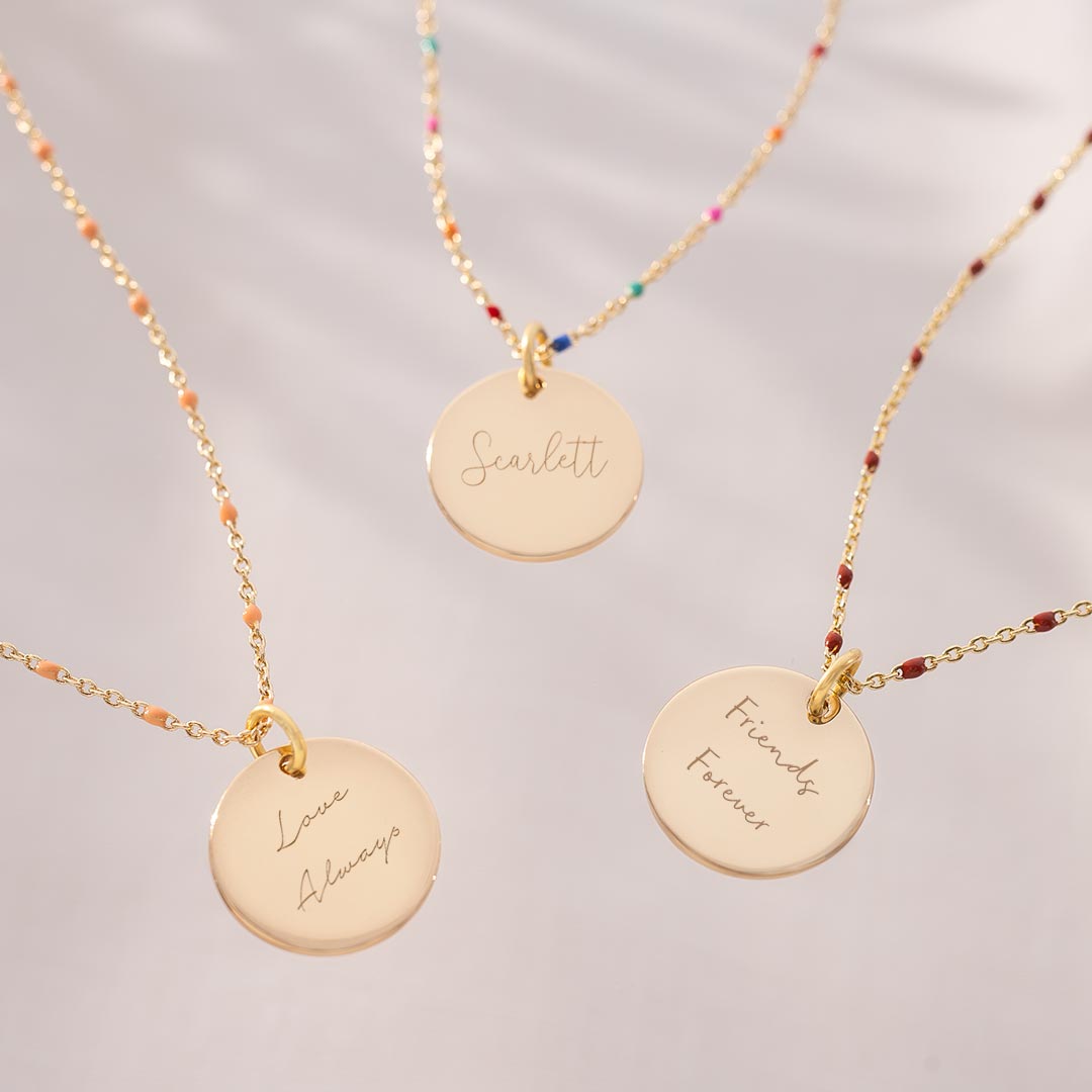 champagne gold plated enamel bead chain and disc necklace personalised with an engraved name or message