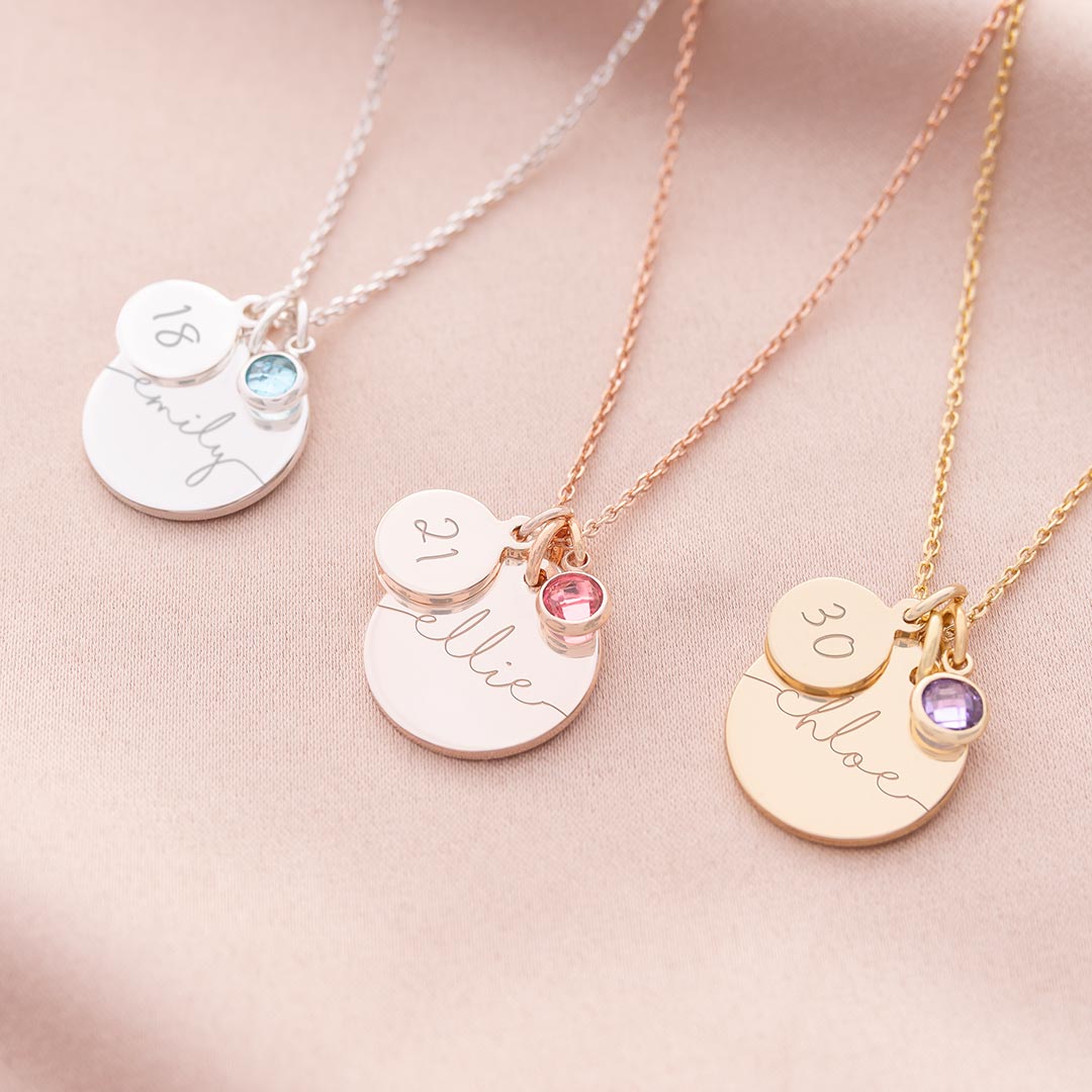 esme birthday disc necklace photo gift set available in silver, rose gold and champagne gold
