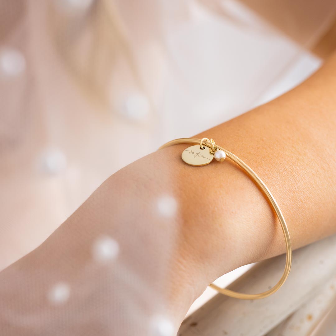 Champagne Gold Plated Esme Disc and Freshwater Pearl Personalised Name Bangle