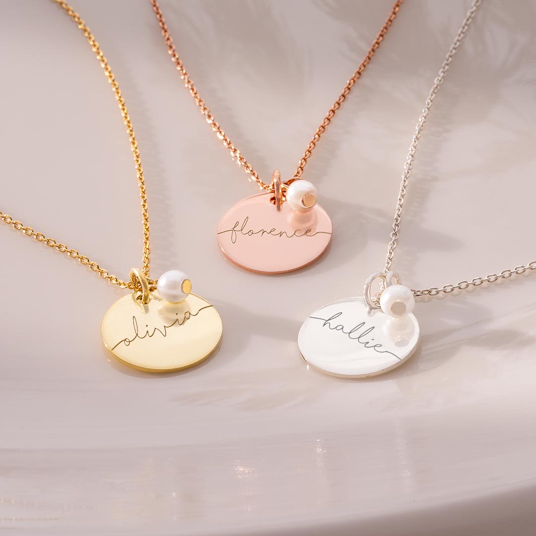 Esme Disc and Freshwater Pearl Personalised Name Necklace