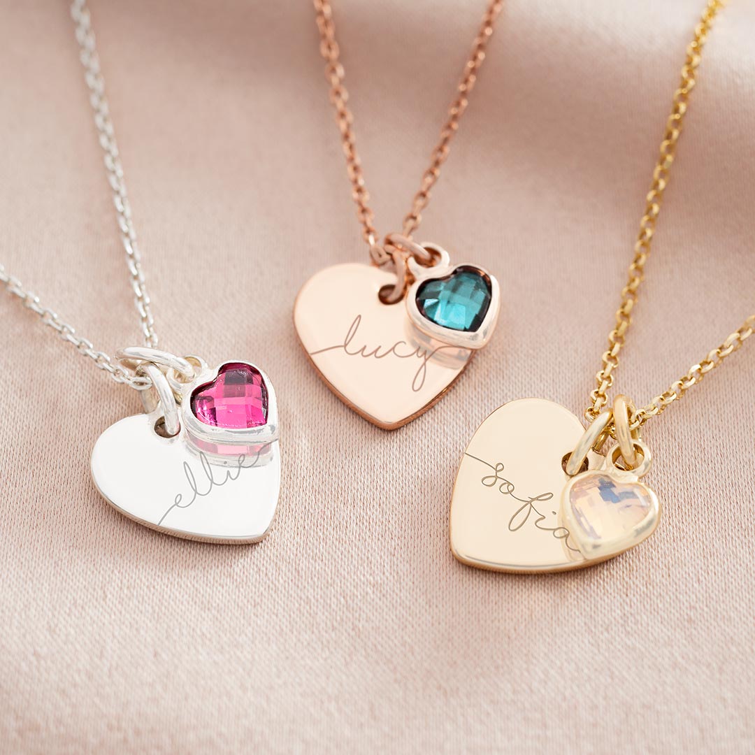 Esme Heart and Heart Birthstone Personalised Name Necklace