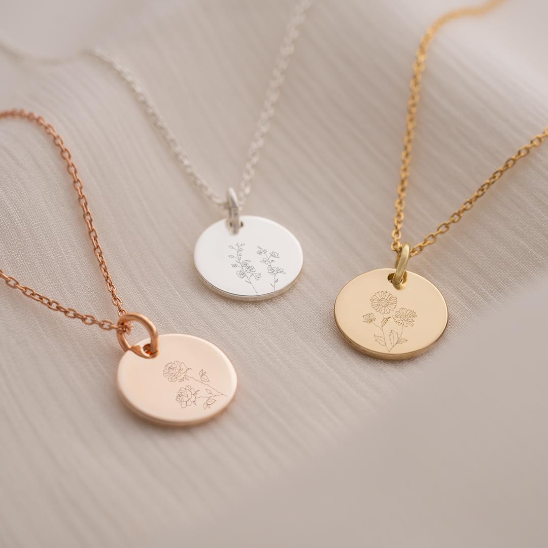 Birth Flower Disc Necklace in Three Colourways; Silver, Gold, and Rose Gold