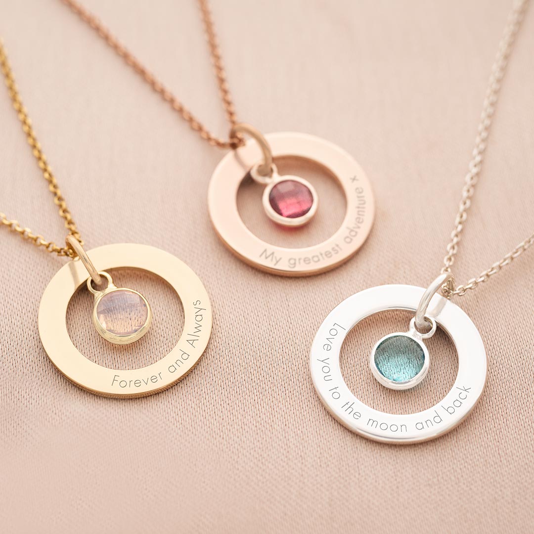 sterling silver, gold plated sterling silver and rose gold plated sterling silver eternal ring and birthstone personalised necklace