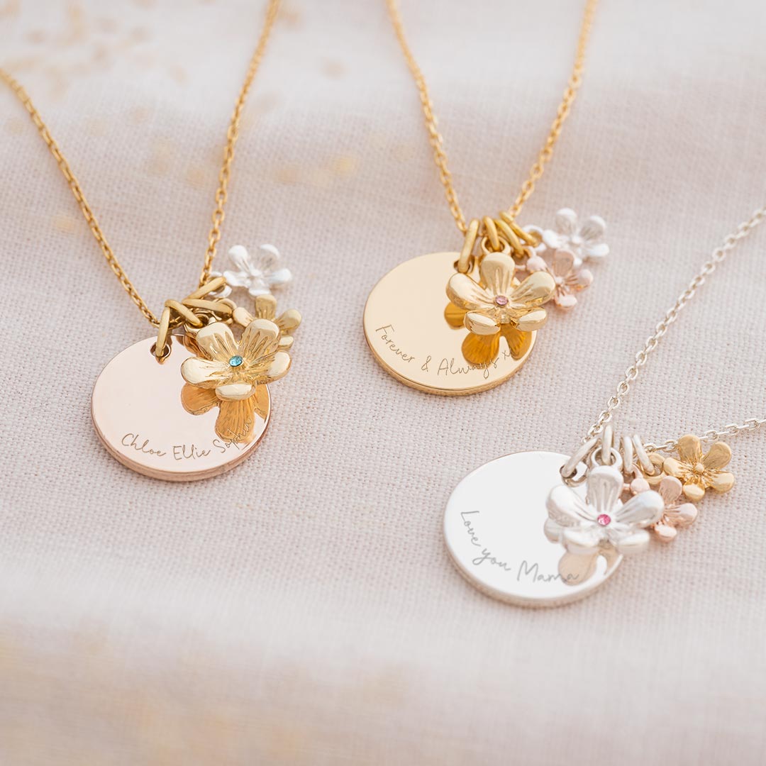 Family Birthstone Flower and Disc Personalised Message Necklace in Silver and Gold