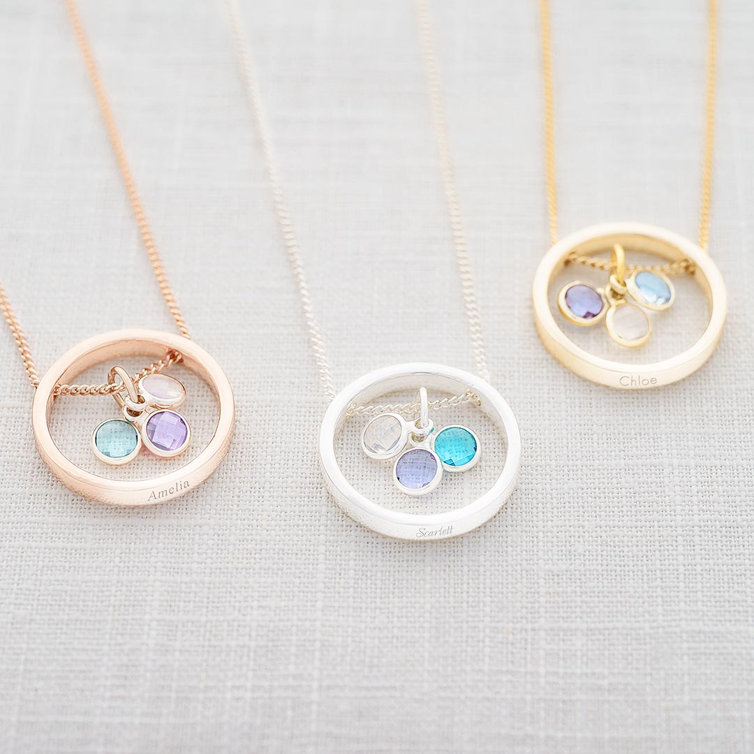 family birthstone ring necklace available in silver, rose gold and gold