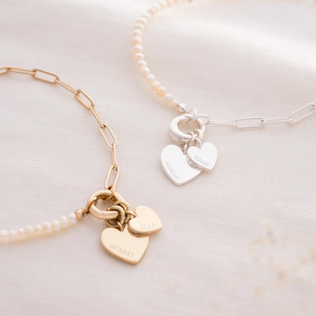 Personalised Freshwater Pearl and Chain Double Heart Bracelet Photo Gift Set