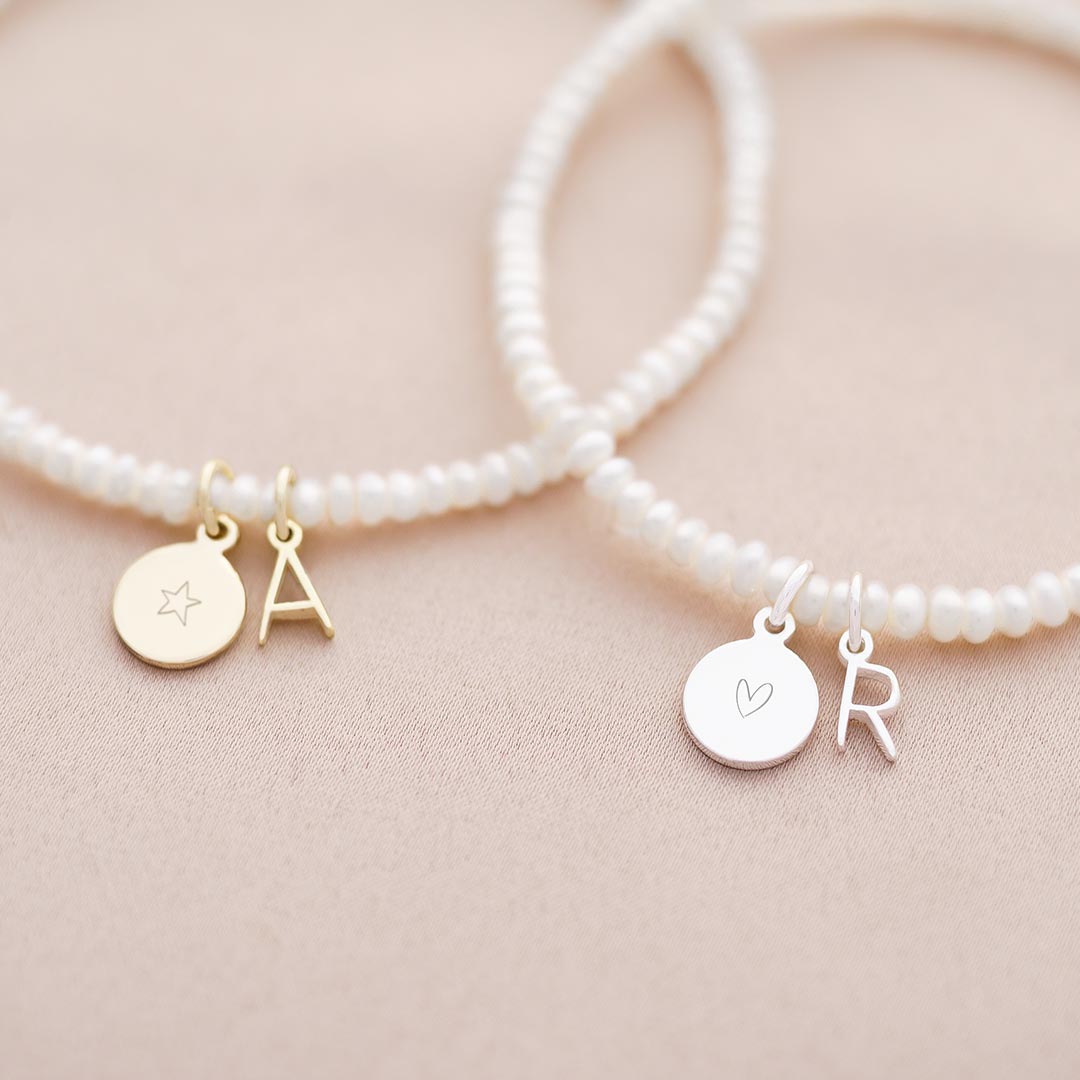 Pearl Bracelet with Letter and Disc Charm Available in Sterling Silver and Gold Plated Sterling Silver