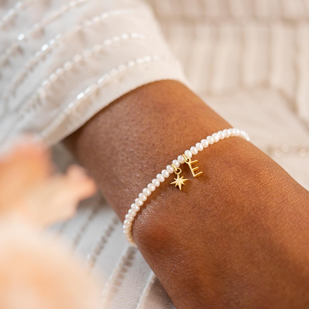Freshwater Pearl North Star and Letter Charm Personalised Bracelet