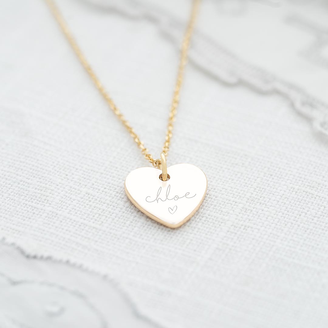 Heart Pendant Necklace in Gold Personalised with name and Illustration