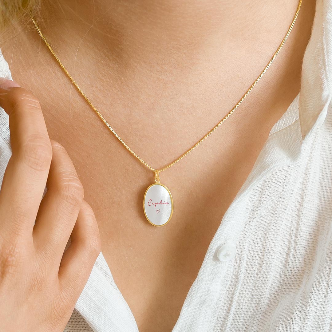mother of pearl oval necklace with red name personalisation
