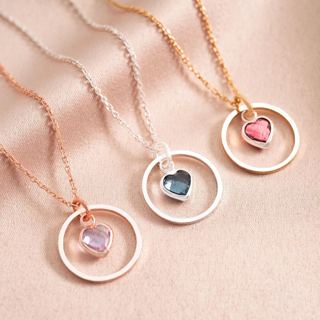 halo and heart birthstone necklace available in a silver, rose gold and champagne gold plated colourway
