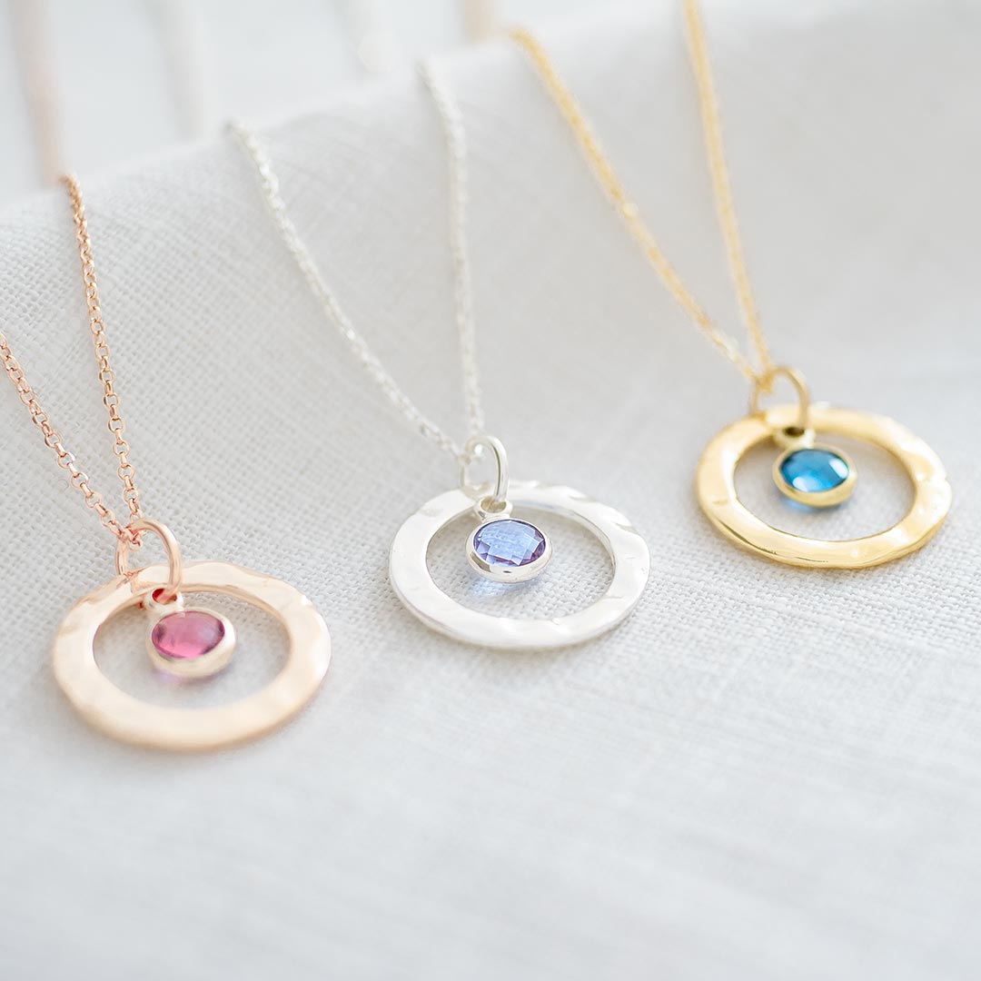 Hammered Halo Birthstone Personalised Necklace