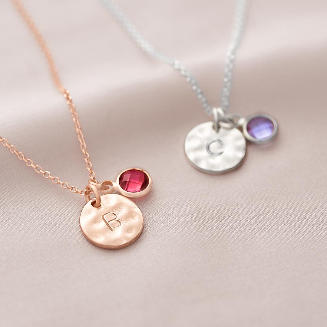 Personalised Hammered Initial Birthstone Necklace