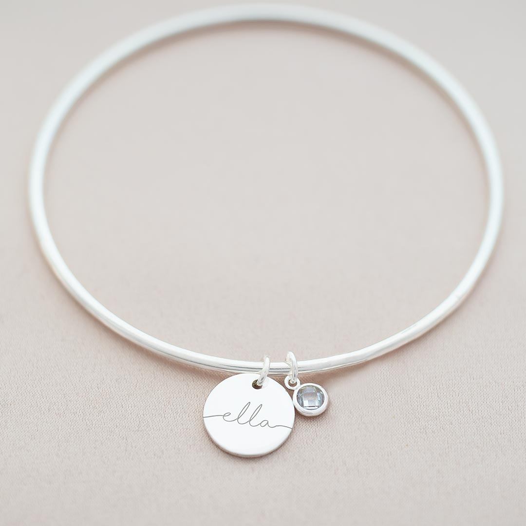 Silver Bangle with Name Disc Charm and Hanging Birthstone