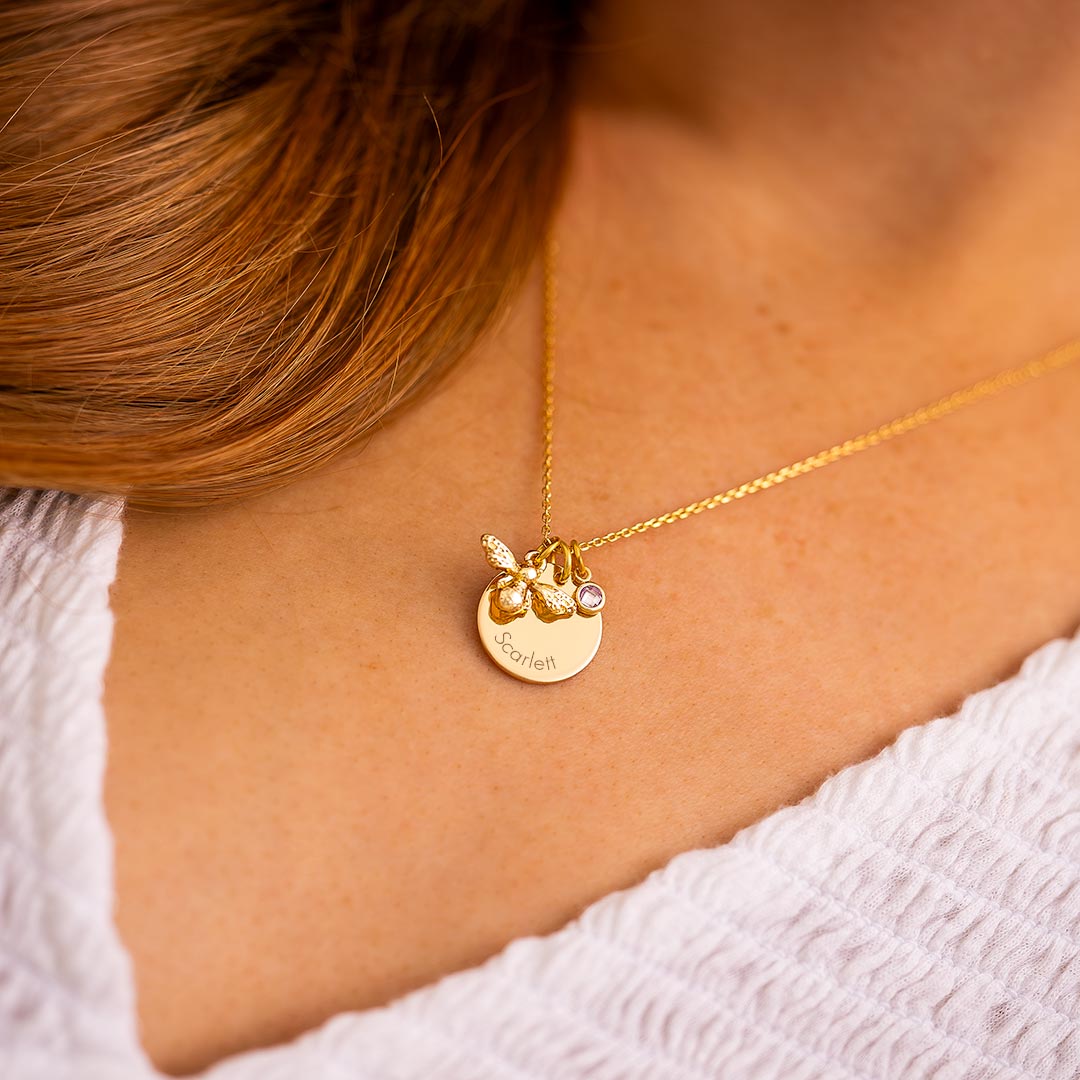 champagne gold plated disc bee and birthstone charm necklace