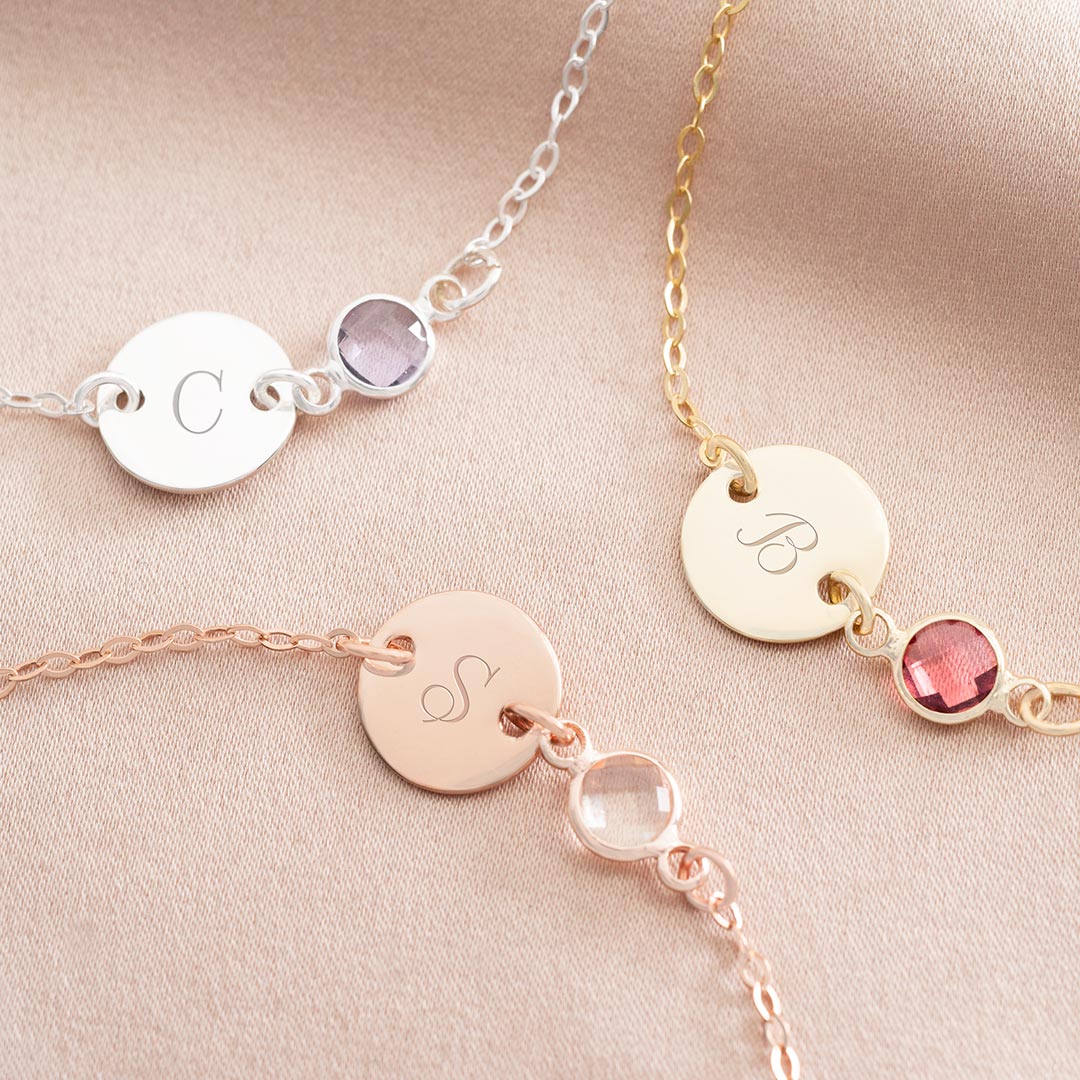 Personalised Initial Disc and Birthstone Bracelet Photo Gift Set