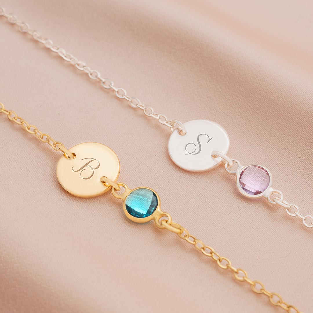 Personalised Initial Disc and Birthstone Bracelet Photo Gift Set