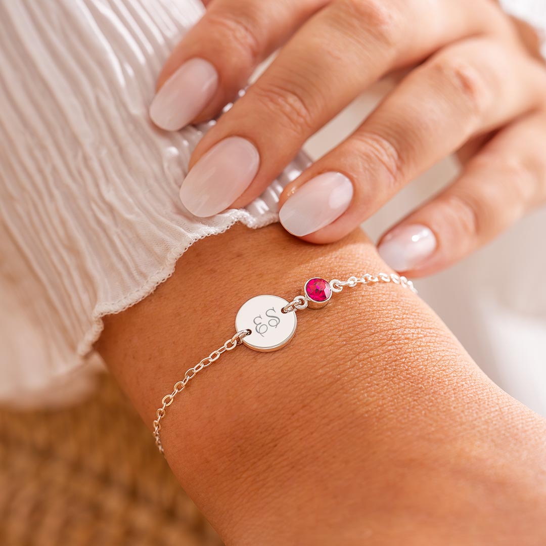 silver plated initial disc and birthstone personalised bracelet