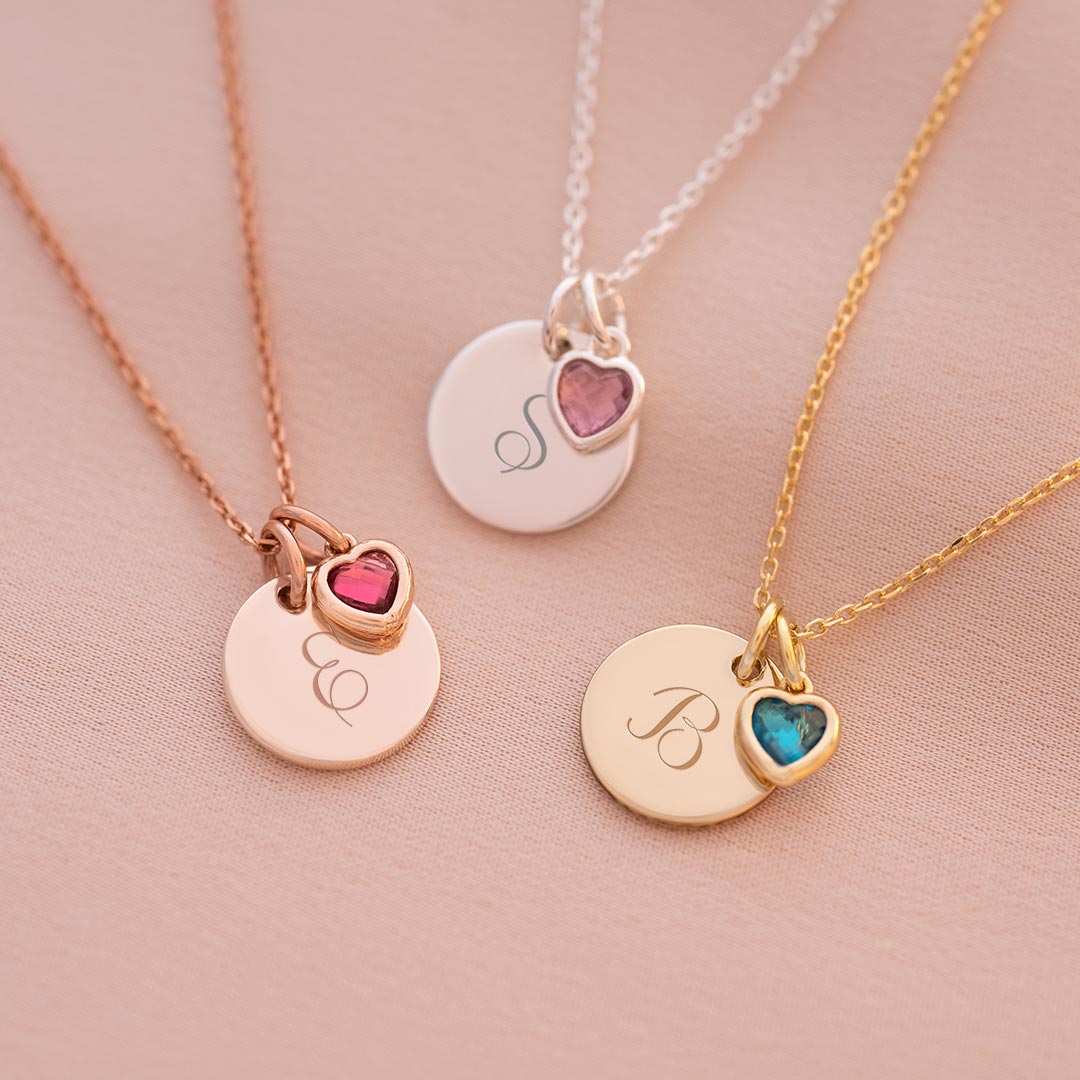 Initial and Heart Birthstone Personalised Necklace in Silver, Gold and Rose Gold