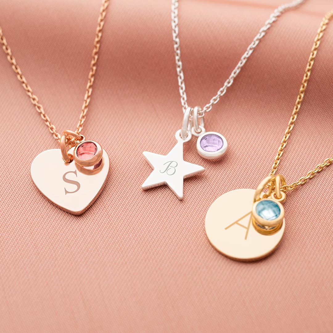 initial shape charm available in heart, star and disc in silver, rose gold and champagne gold personalised with an engraved initial