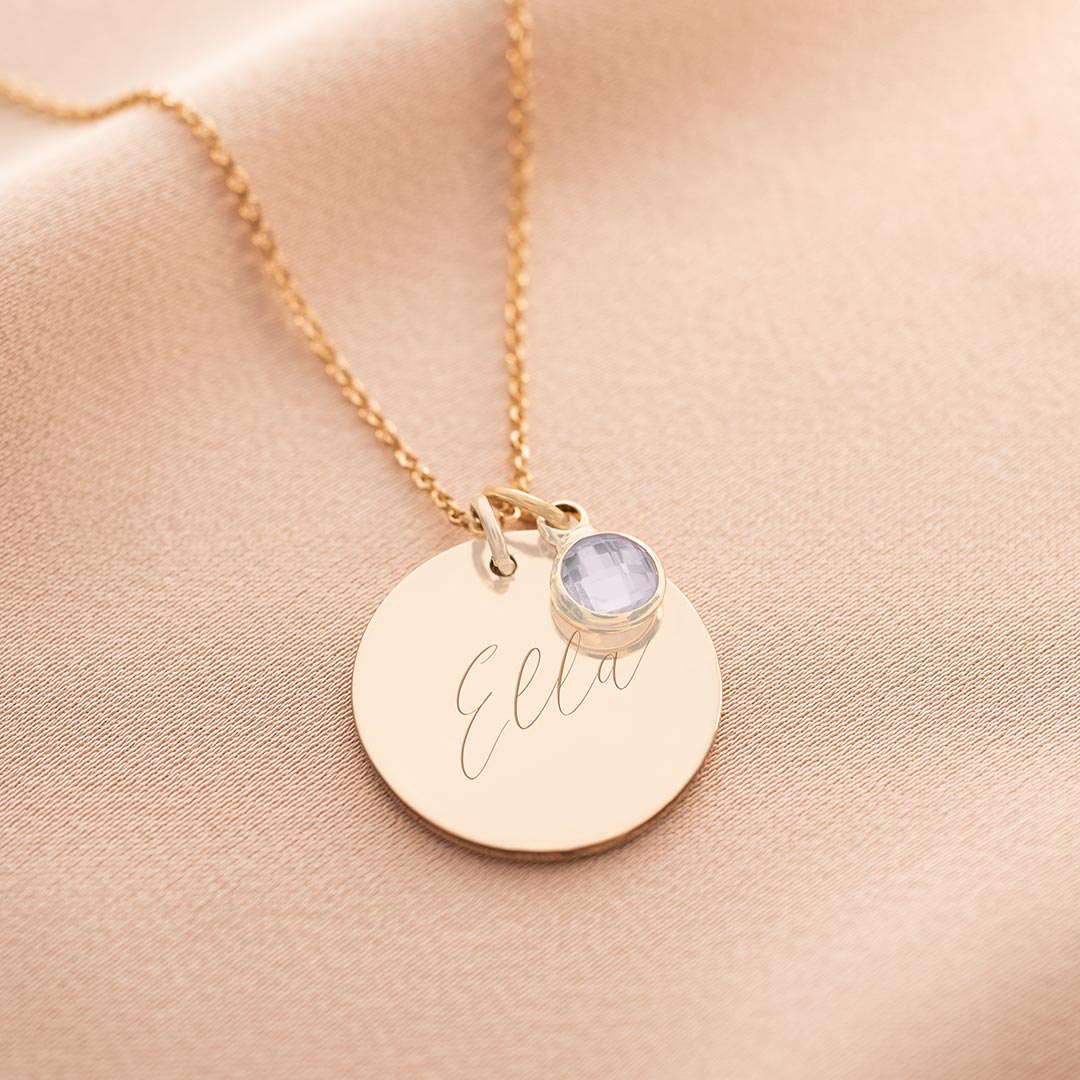 champagne gold disc necklace with swarovski crystal birthstone and engraved name