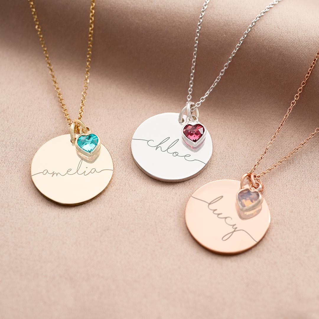 Large Esme and Heart Birthstone Personalised Name Necklace in Silver, Rose Gold and Gold
