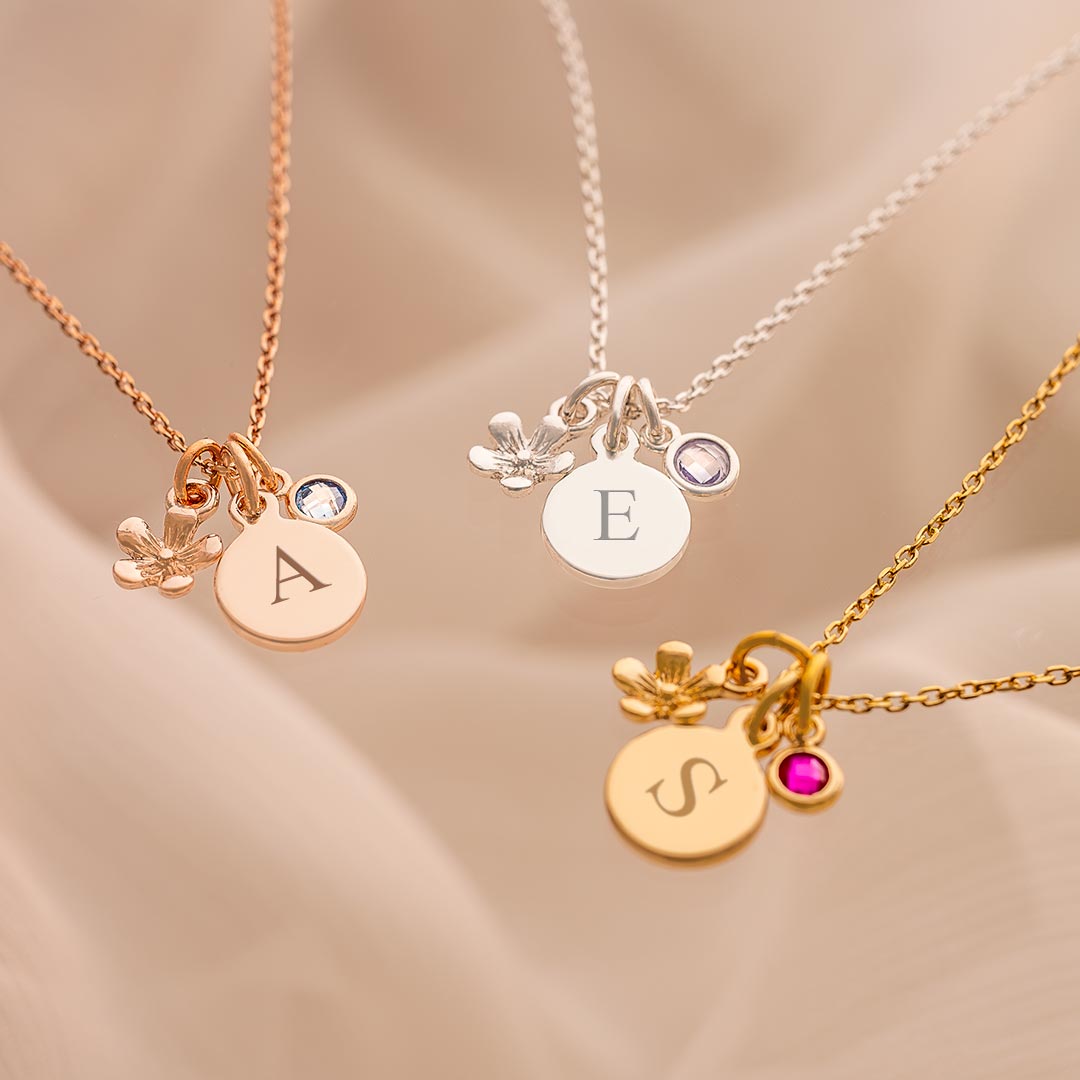 Micro Flower Initial and Birthstone Personalised Necklace