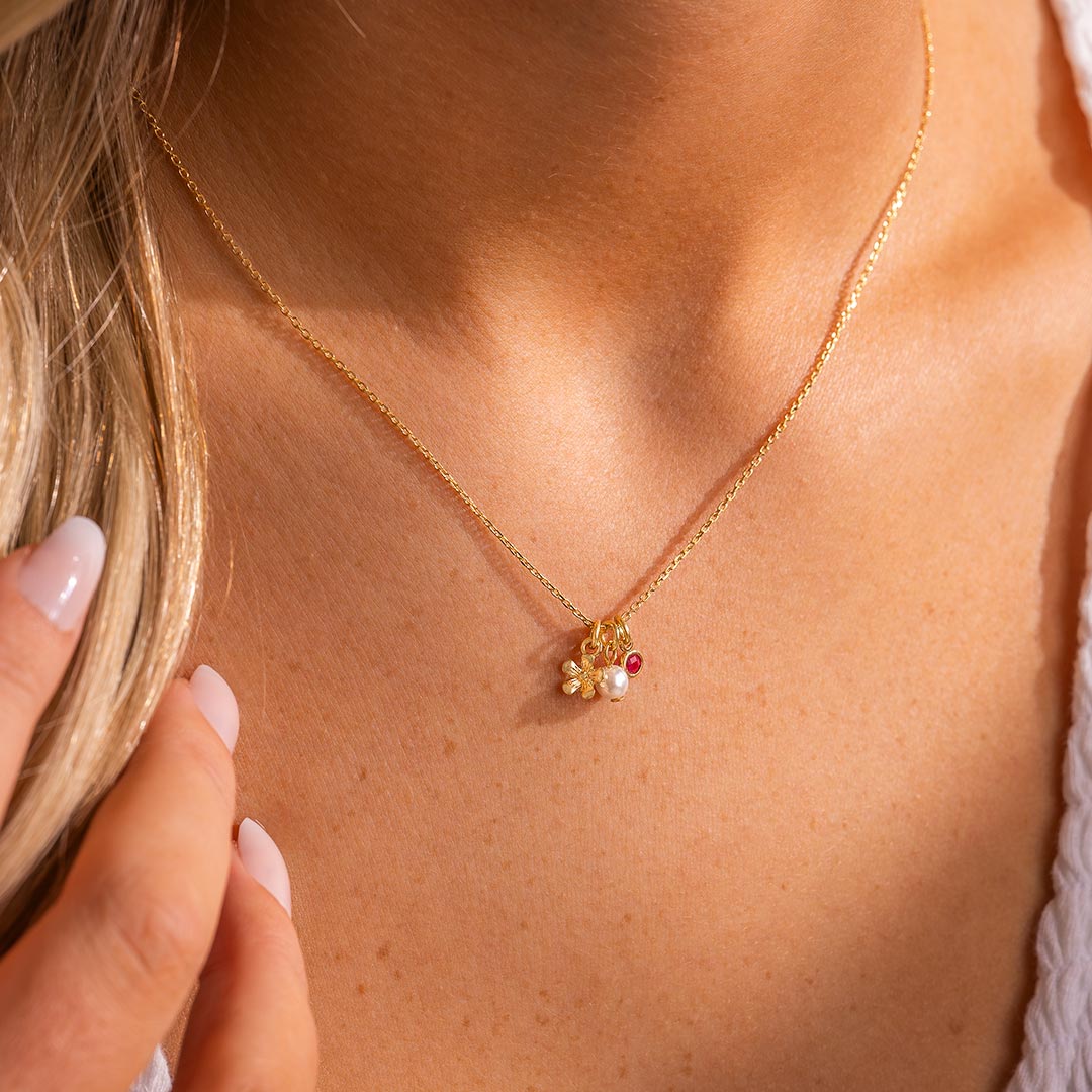 champagne gold plated flower, pearl and birthstone charm necklace