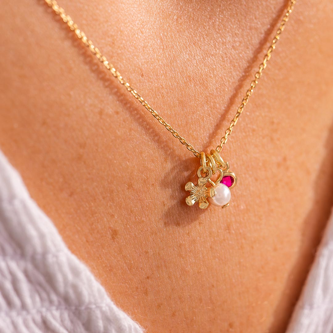 champagne gold micro flower. pearl and birthstone personalised necklace