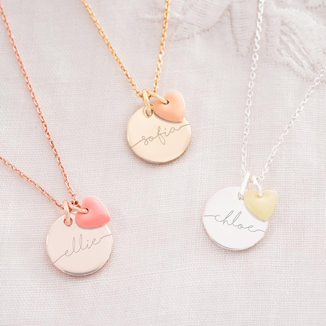 Mini Esme Enamel Charm Personalised Name Necklace in Sterling Silver, Gold Plated Sterling Silver and Rose Gold Plated Sterling Silver