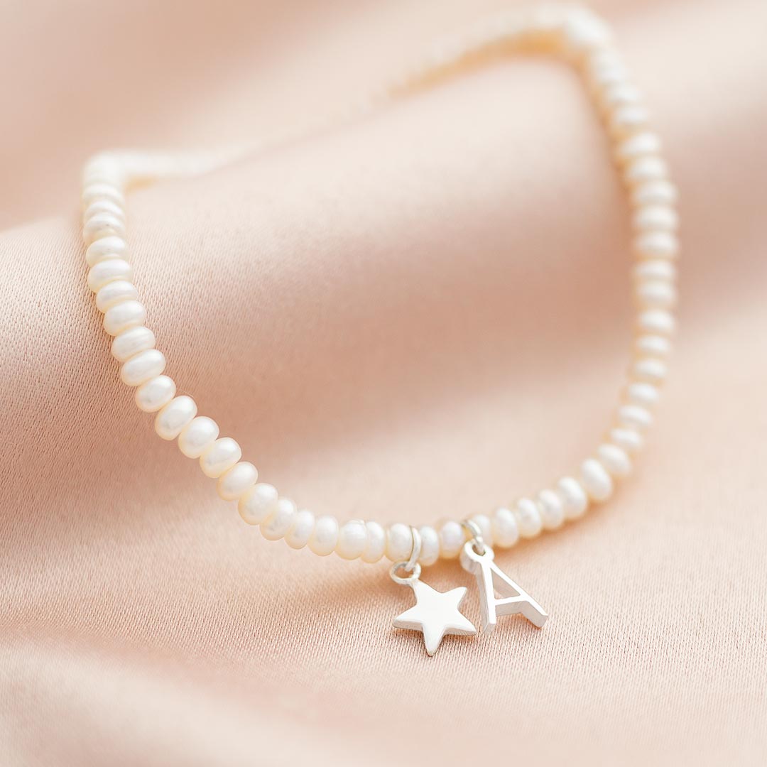 Sterling Silver Star and Letter Delicate Pearl Personalised Bracelet